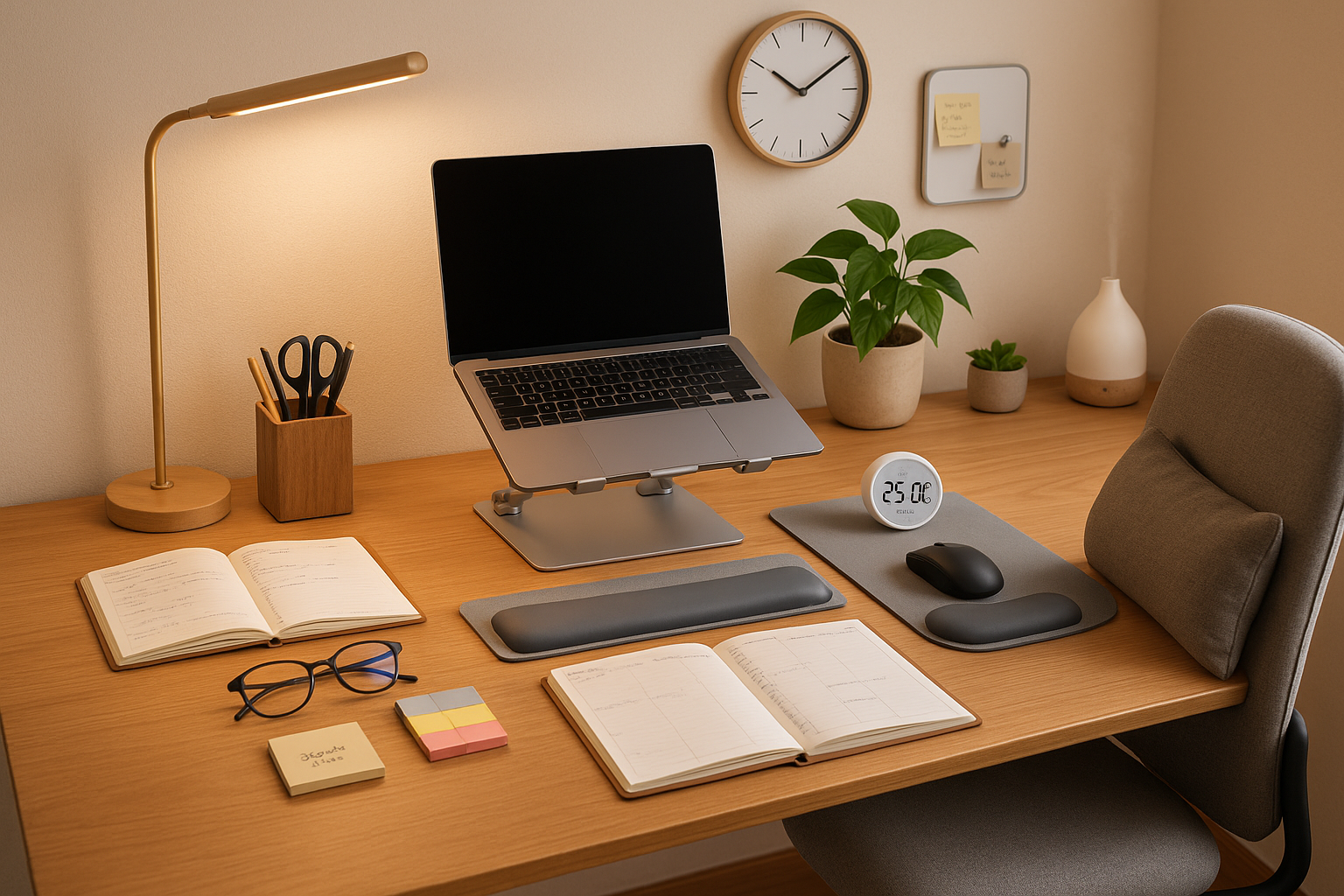 1. Ergonomic Desk Tools
Adjustable laptop stands
Wrist rests & mouse pads
Ergonomic footrests
Cable organizers
2. Aesthetic Desk Decor
Wooden pen holders
LED desk lamps
Minimalist clocks
Magnetic whiteboards
Plant pots or fake plants
3. Productivity Accessories
Digital timers / Pomodoro timers
Notebooks & planners
Blue light glasses
Sticky notes sets
Monitor memo boards
4. Home Office Comfort
Seat cushions
Backrest pillows
Heated foot mats
Essential oil diffusers
